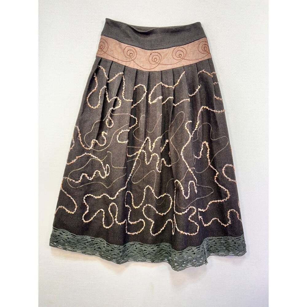 Vintage Baimijier Embroidered A-Line Skirt Size 7 Lace Hem Swirl Whimsical Goth